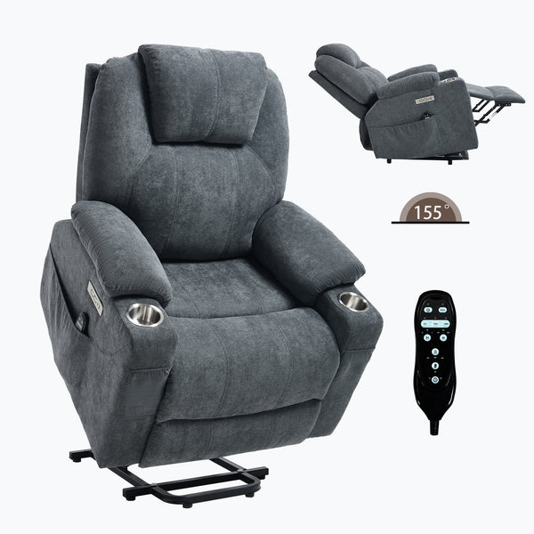 English Elm Up to 350 Lbs Chenille Power Lift Recliner with Massage Heating and Usb Charging Ports Grey W3224S00025