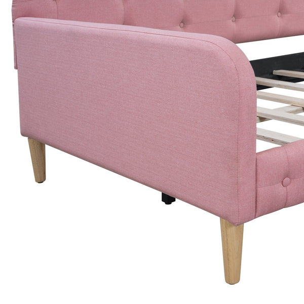 English Elm Twin Upholstered Daybed with Pine Frame and Linen Fabric, Button-Tufted High Sideboard, 79" L Pink N709P266225H