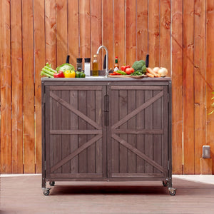 English Elm K&k Outdoor Prep Station Stainless Steel Top Fir Wood Cabinet with Drawer and Wheels N707P370281Z