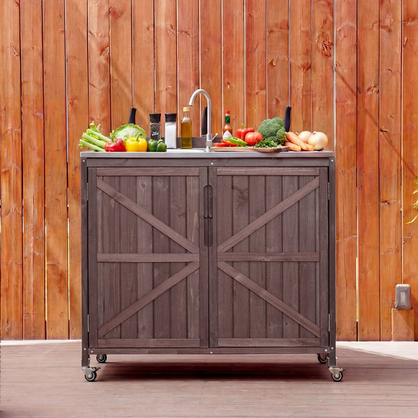 English Elm K&k Outdoor Prep Station Stainless Steel Top Fir Wood Cabinet with Drawer and Wheels N707P370281Z