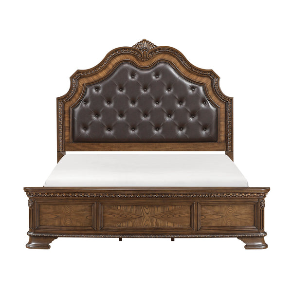 English Elm Formal King Bed With Upholstered Headboard - Dark Brown Sleigh Design, Intricate Carvings, Luxurious Comfort B011S02040