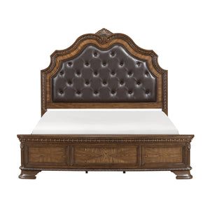 English Elm Formal Queen Bed With Sleigh-Style Upholstered Headboard, Dark Brown Finish & Intricate Carvings B011S02038