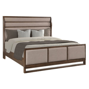 English Elm Arcadia Queen Bed Pine Oak Frame Curved Wing Headboard Upholstered Panel Rustic Modern B108S00047