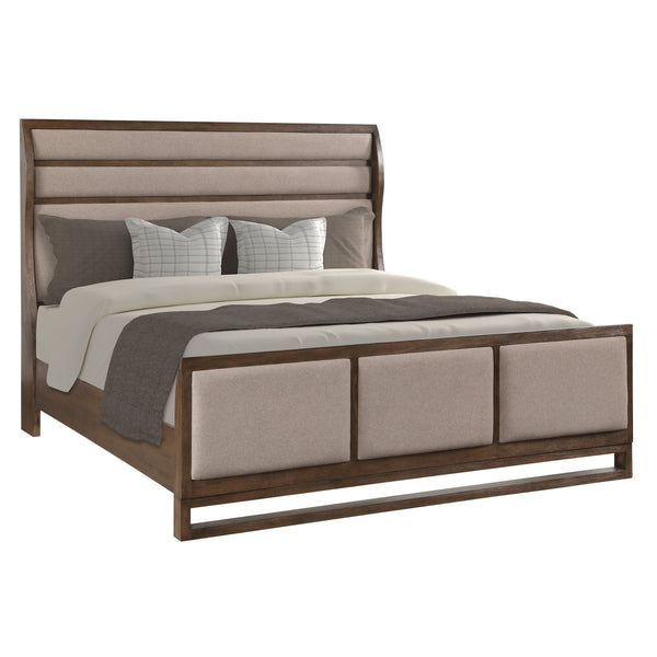 English Elm Arcadia Queen Bed Pine Oak Frame Curved Wing Headboard Upholstered Panel Rustic Modern B108S00047