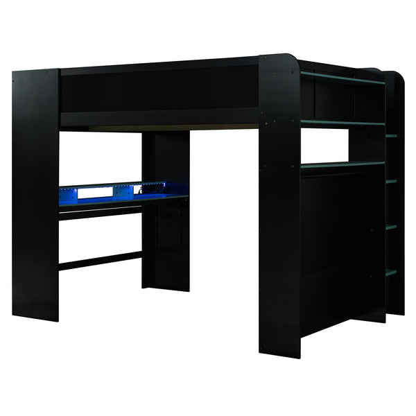 English Elm Full Size Gaming Bunk Bed with Rgb Lighting Integrated Desk Wardrobe and Storage Blue LT100266AAC