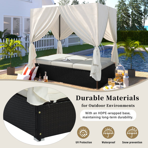 English Elm U_style Outdoor Double Daybed Resort Canopy Lounge with Steel Frame and Adjustable Backrests Beige WY000476AAK