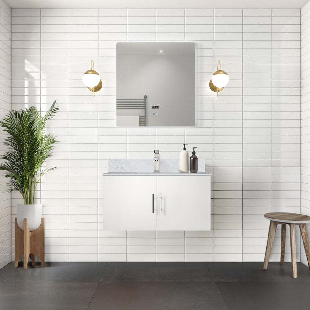 English Elm Glossy White Bath Vanity With Carrara Marble Top, Soft-Close Drawers & Easy Faucet Installation B2731P258628