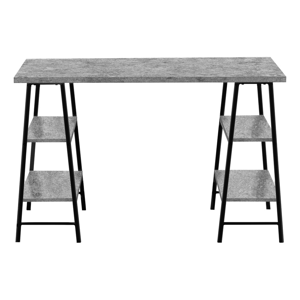 English Elm Computer Desk with Industrial Sawhorse Legs and 4 Open Shelves, 48" Reclaimed Wood-Look Workspace Grey 51 L x 26 W x 5 H B2710P219815