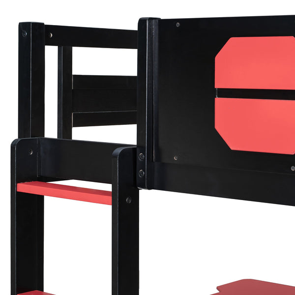 English Elm Full Size Gaming Bunk Bed with Dual Desks Usb Charging Ports and Pegboard Storage Red LT000274AAR