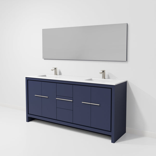 English Elm Navy Blue Double Bath Vanity Set With Cultured Marble Top, Gun Metal Faucet & 70-Inch Mirror B2731S01747
