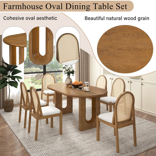 English Elm Trexm Farmhouse Oval Dining Set Seats Six with Rattan Back Chairs Oak Veneer Table Beige,Light Brown ST000157AAP