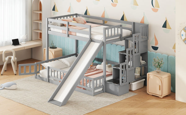 English Elm Twin Over Full Bunk Bed With Slide, Storage Staircase & Safety Guardrails - Grey Pine Design Fun! W504S00184-GIGA