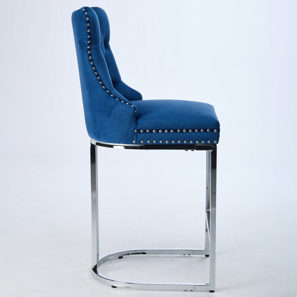 English Elm 25" Elegant Tufted Counter Bar Stools Set of 2 with Plush Spring Cushion and Chrome Durable Base Blue W1143P217852