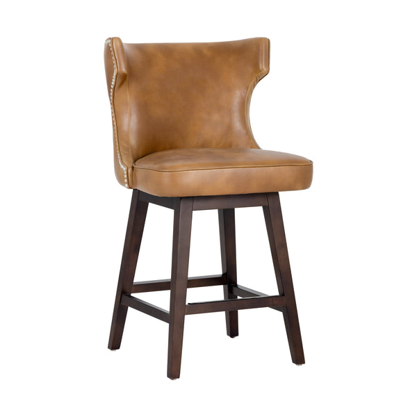Sunpan Neville Swivel Counter Stool - Vintage Tobacco Faux Leather with Silver Nailheads & Espresso Legs