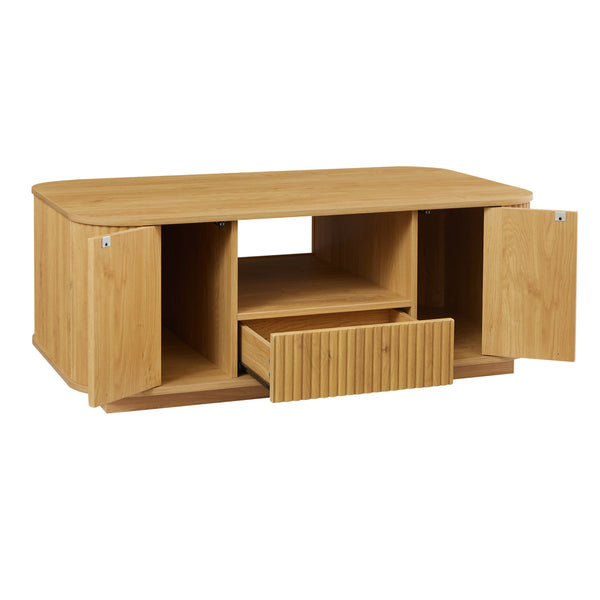 English Elm 46.5"modern oval coffee table with drawers, hidden compartments & wavy woodgrain top for stylish storage Natural W1162P339120