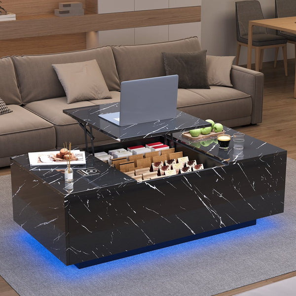 English Elm Coffee Table with Led Lighting Bluetooth Speaker Wireless Charging and Faux Marble Top T3773P415730