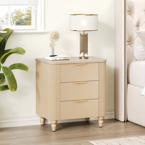 English Elm Mid-century Fluted 3 Drawer Nightstand with Gourd Legs and Gold Tone Handles for Bedroom Champagne N761P285712E