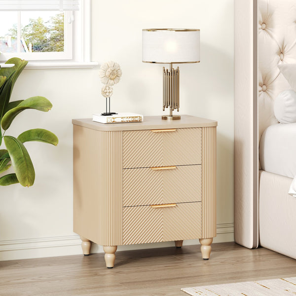 English Elm Mid-century Fluted 3 Drawer Nightstand with Gourd Legs and Gold Tone Handles for Bedroom Champagne N761P285712E