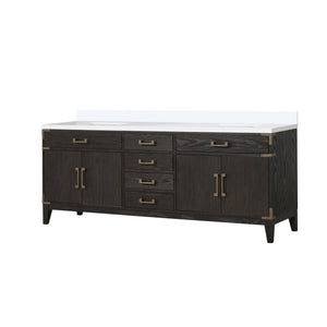 English Elm Brown Oak Double Bath Vanity 84" W With White Quartz Top – Elegant Storage Solution For Bathrooms B2731P259959