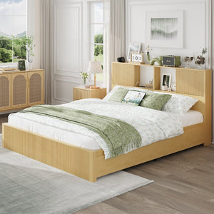 English Elm Queen Storage Bed Oak Finish Sliding Barn Door Headboard with Built-in Charging T3773P417198