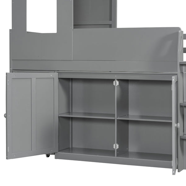 English Elm Twin House Loft Bed with Pull Out Rolling Desk Stair Drawers and Cabinet Storage Gray N820S00072E