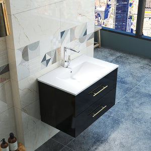 English Elm 30-Inch Sleek Black Gloss Wall-Mounted Bathroom Vanity With Integrated Sink & Easy Installation Options W3151S00054