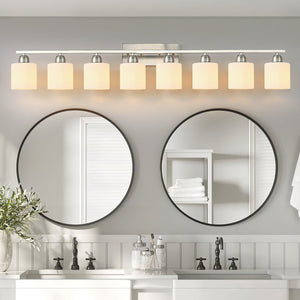 English Elm 8-Light Matte Modern Vanity Light 52inch Horizontal Wall Sconce with Frosted Glass Shades for Bath Chrome W2312P374854