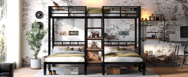 English Elm Twin Triple Bunk Bed Black Metal Frame with Built-in Storage Stairs and Shelves W1580S00619