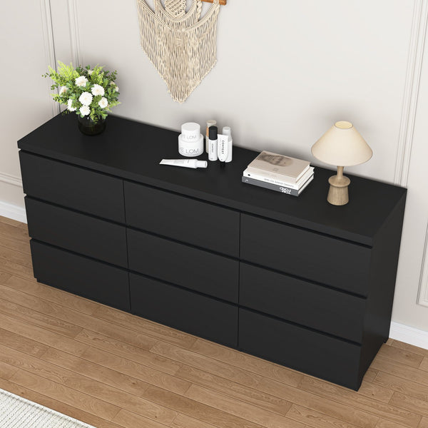 English Elm 9 Drawer Handleless Chest Matte Black Veneer Push Open Storage for Bedroom Hallway W409S00025