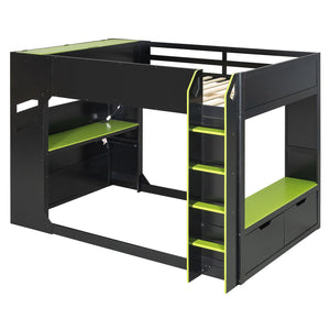 English Elm Full Size Loft Bed with Rgb Lighting Desk Drawers Hanging Rod Teen Bedroom Green LT000288AAF-1