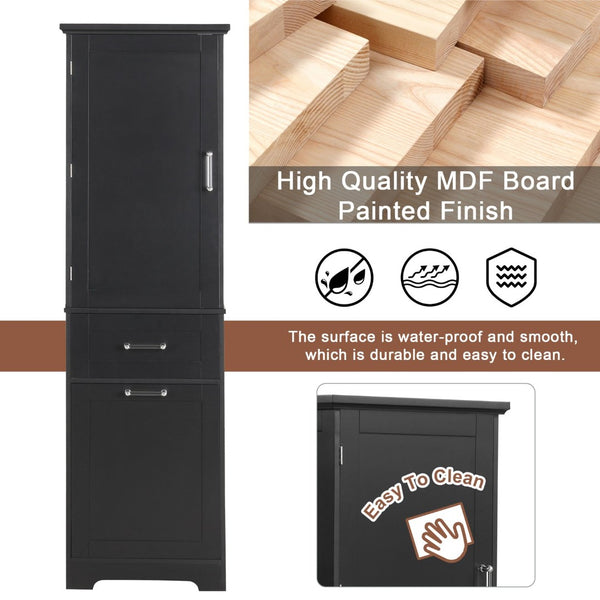 English Elm Tall Bathroom Storage Cabinet - Freestanding, Adjustable Shelf & Dual Drawer Design In Matte Black Finish N725P206895B-GIGA