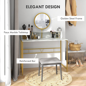 English Elm HOMCOM Faux Marble Vanity Desk with Rotating Mirror, Open Storage, Gold Steel Frame for Bedroom W2225P217016