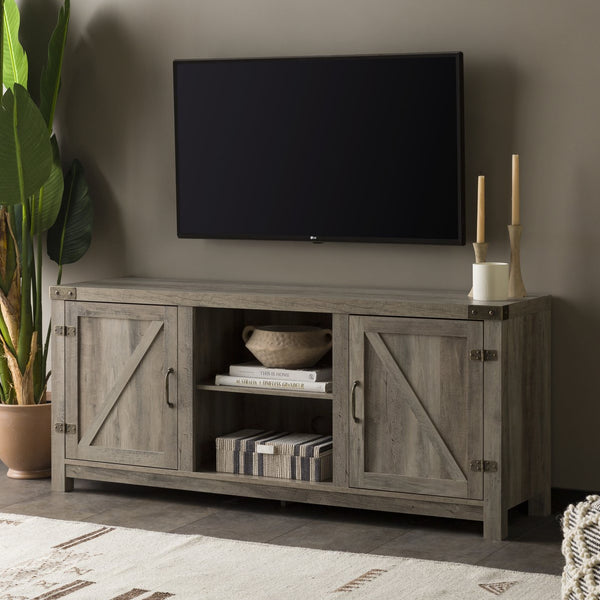 English Elm Walker Edison - Farmhouse Rustic Barn Door TV Stand with Metal Accents, Gray Wash, Storage for TVs up to 65" B185P169337