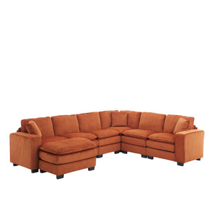 English Elm Modern U Shaped 6-Seat Sectional Sofa with Ottoman and 3 Toss Pillows, Corduroy Modular Comfort and Durable Frame Orange W2363S00043