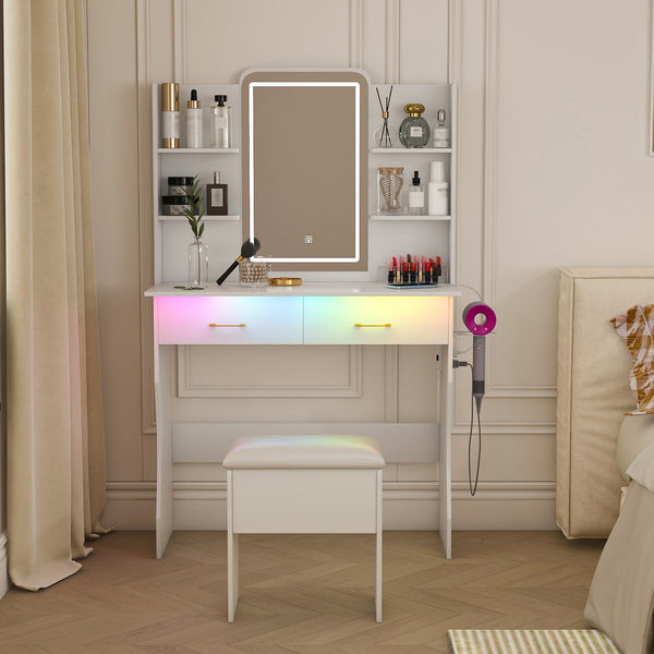 English Elm Vanity LED RGB Dressing Table with Power Outlets, Large Storage Drawers, 3 Light Modes & Stool W509P297013