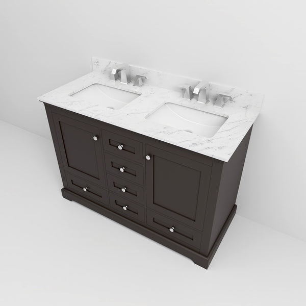 English Elm Espresso 48 in Double Bath Vanity with Carrara Marble Top, Soft-Close Storage & Chrome Faucet Set B2731P258339