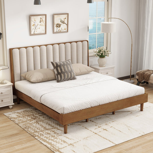 English Elm King Upholstered Bed Solid Pine Frame Piano Key Headboard for Modern Bedroom W504S00316