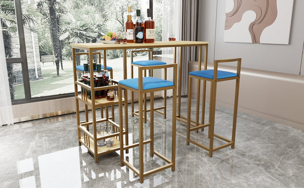 English Elm Bar Table and Four Cushioned Chairs Gold Iron Frame with Built-in Shelf Coastal Style W3064P245382