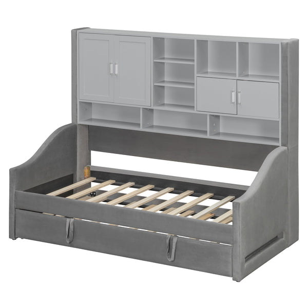 English Elm Twin Upholstered Daybed with LED Armrest Lighting, Hidden Storage Shelves & Lift-Up Pull-Out Trundle Gray SF000198AAE