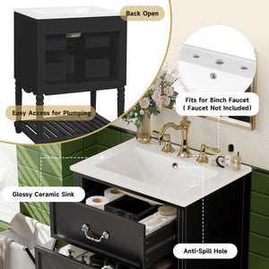 English Elm 24'' Vintage Bathroom Vanity with Ceramic Sink Soft Close Drawers Open Shelf Black N710P411237B