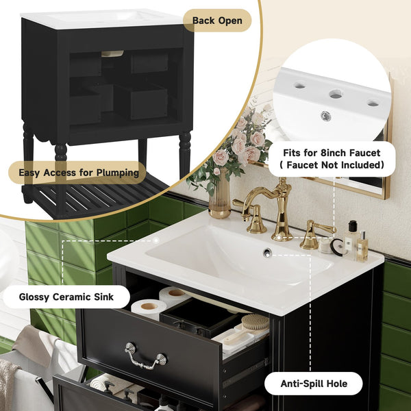 English Elm 24'' Vintage Bathroom Vanity with Ceramic Sink Soft Close Drawers Open Shelf Black N710P411237B