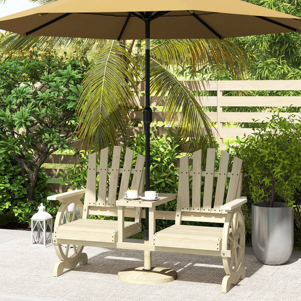 English Elm Outsunny Rustic Fir Wood 2 Seat Garden Bench with Wagon Wheel Legs and Center Table W2225P485566
