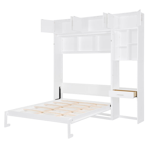 English Elm Queen Murphy Bed with Integrated Desk Cabinet Shelves Space Saving Studio Solution White N708S00021K-1