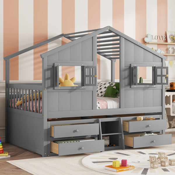 English Elm Full Size House Loft Bed With Roof & Windows, 4 Storage Drawers, Safe Pine Frame In Grey Finish W504S00241
