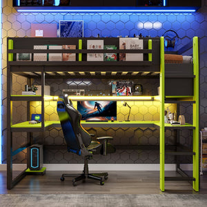 English Elm Twin Loft Bed with Rgb Lighting Usb Ports Wraparound Shelves and Gaming Desk Green LT000298AAF