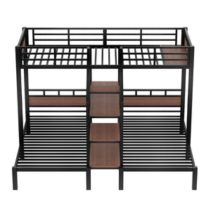 English Elm Twin Metal Bunk Bed - Triple Space-Saving Design With Storage Shelves & Stairs, Modern Black Finish W1580S00209-GIGA