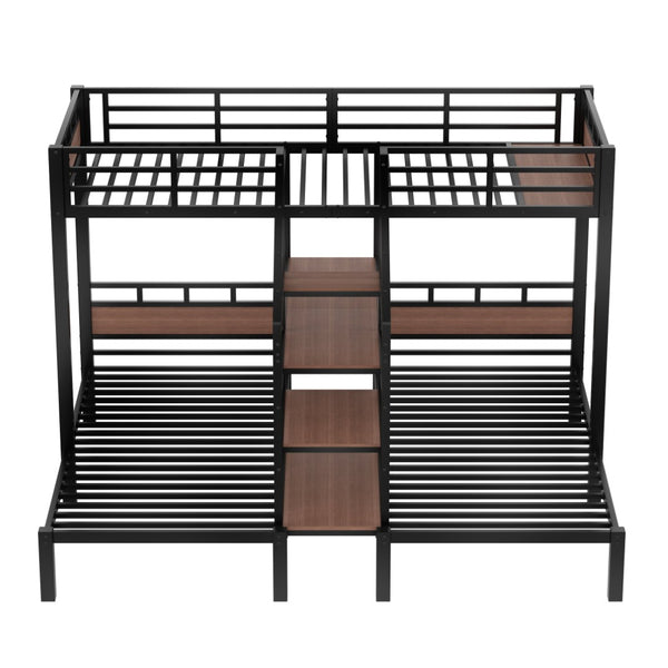 English Elm Twin Metal Bunk Bed - Triple Space-Saving Design With Storage Shelves & Stairs, Modern Black Finish W1580S00209-GIGA