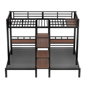 English Elm Twin Triple Bunk Bed Black Metal Frame with Built-in Storage Stairs and Shelves W1580S00619