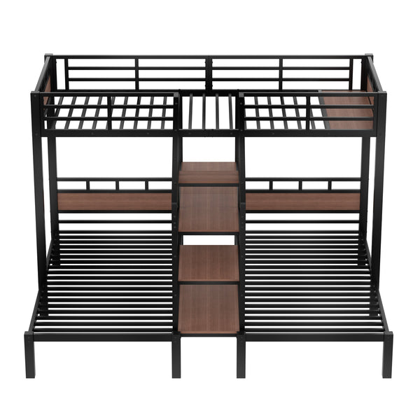 English Elm Twin Triple Bunk Bed Black Metal Frame with Built-in Storage Stairs and Shelves W1580S00619