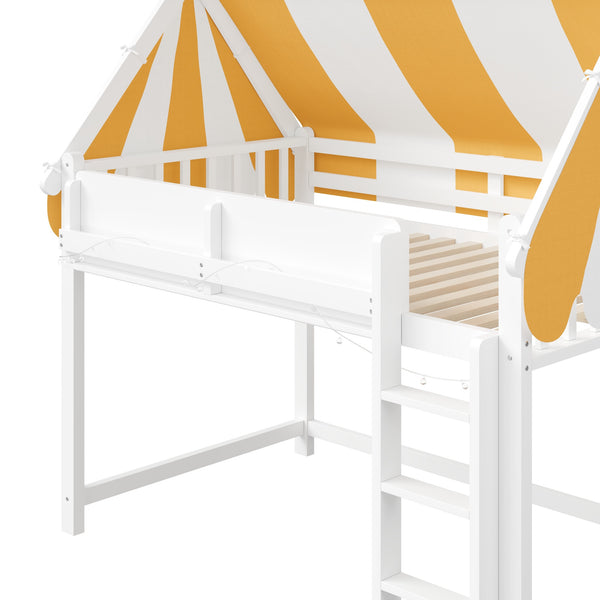 English Elm Full Size Solid Wood Loft Bed with Canopy Led Lighting and Integrated Bookshelf White N7090002242K